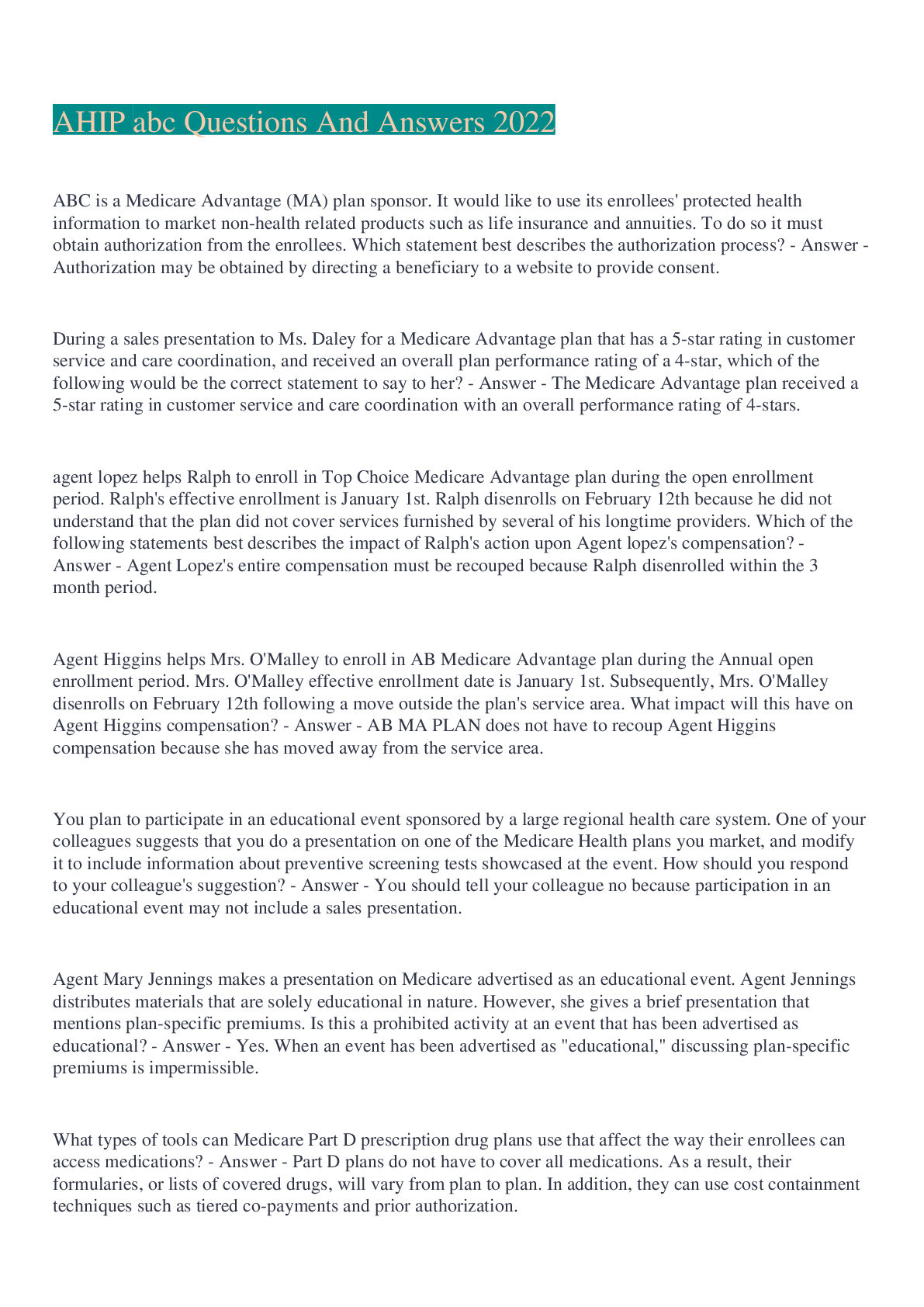 Preview image for AHIP abc Questions And Answers 2022